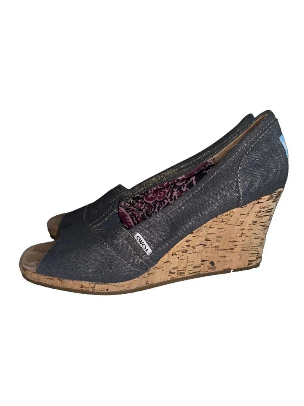 TOMS Calypso Canvas Peep Toe Wedge Espadrille Shoes Women's 10 Metallic Gray